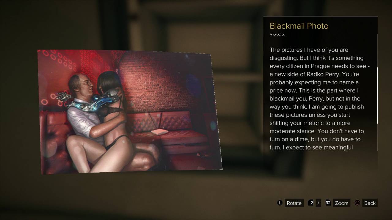 Deus Ex: Mankind Divided - The Harvester: Radko Perry Evidence: Blackmail Photo, Ivanka Chat, Fur