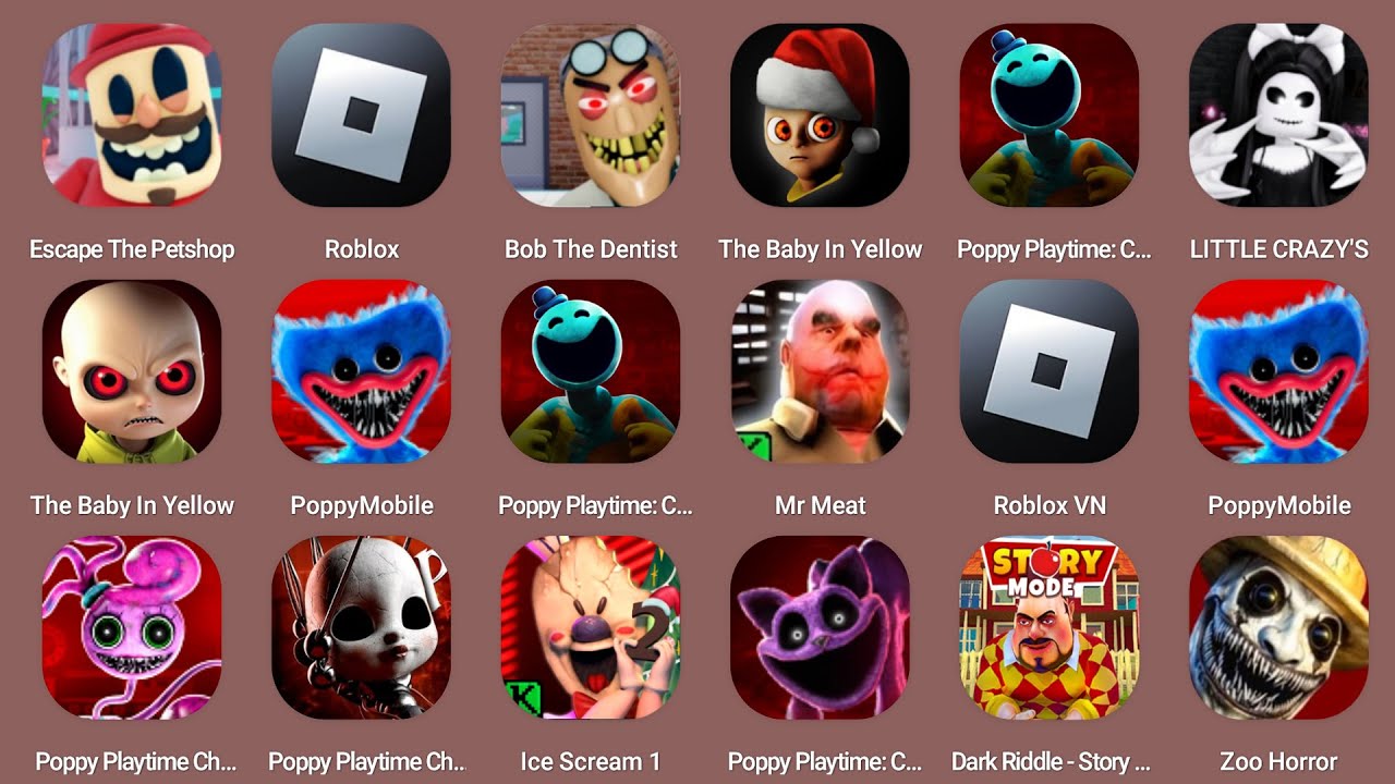 Escape the Petshop,Roblox,Alien Base,The Baby In Yellow,Poppy Playtime Chapter 3,Mr Meat 2