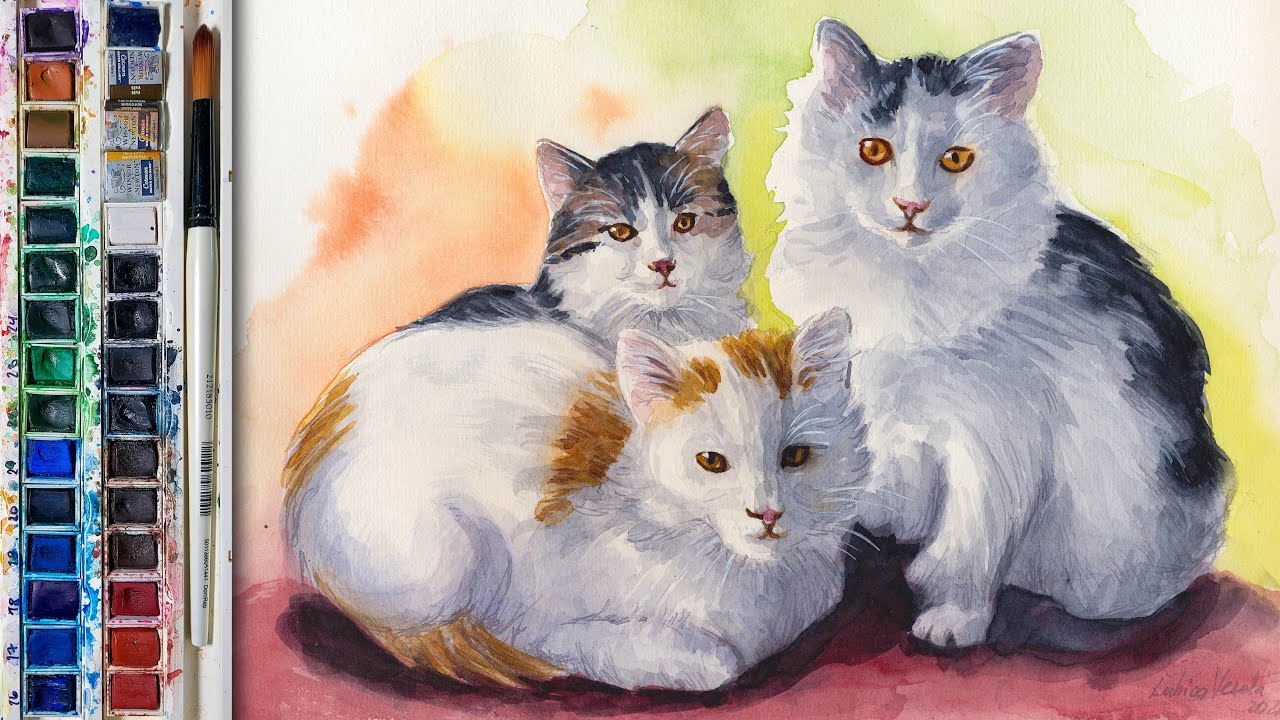 Watercolor Cat Painting | Three Rescued Feline Friends | Art Process Timelapse