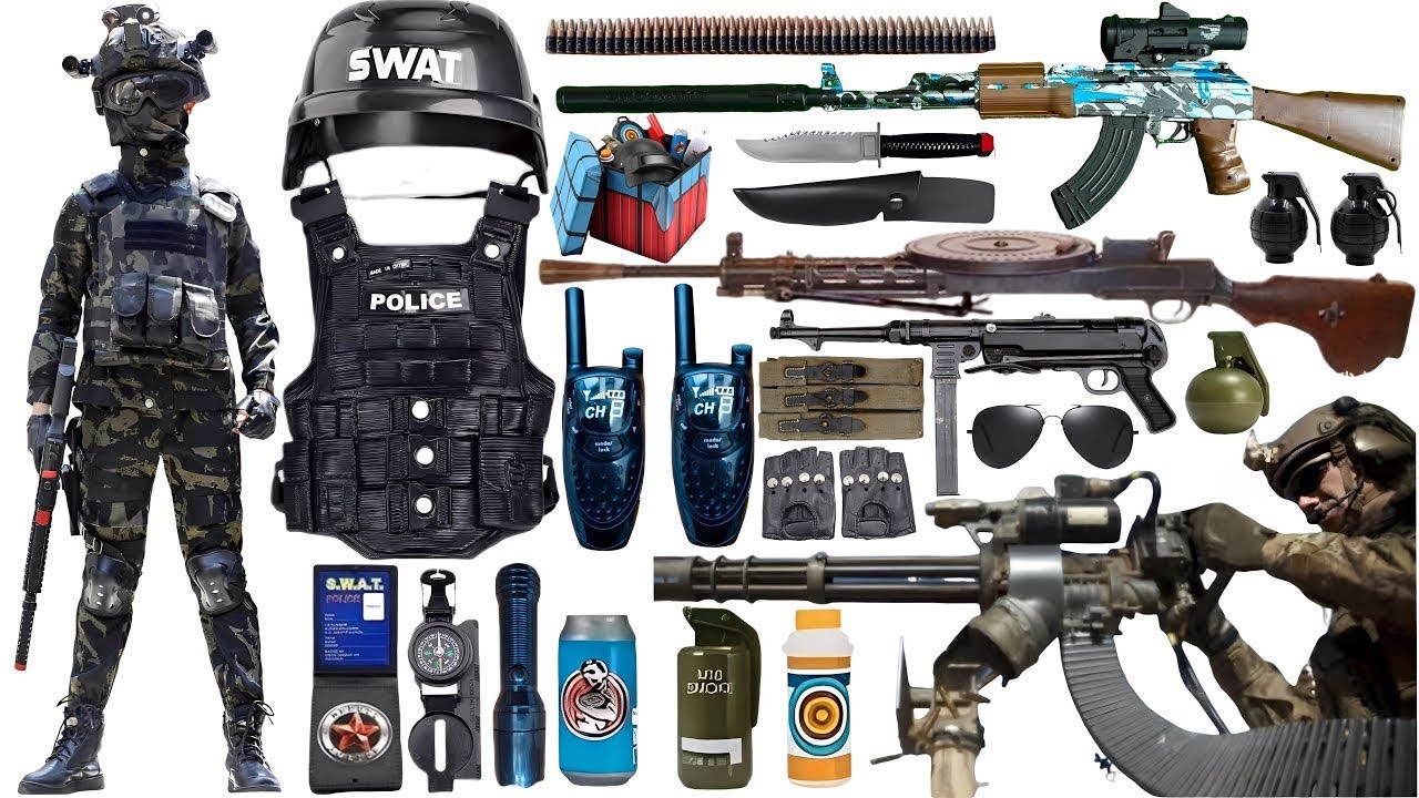 Unboxing Special Forces Weapon Toy Set, AK47 Rifle, Glock Pistol, Timer Bomb, Gas Mask