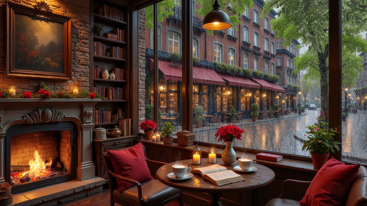 February Rainy Street Café ☕ Cozy Jazz Music & Crackling Fireplace for Work & Deep Focus