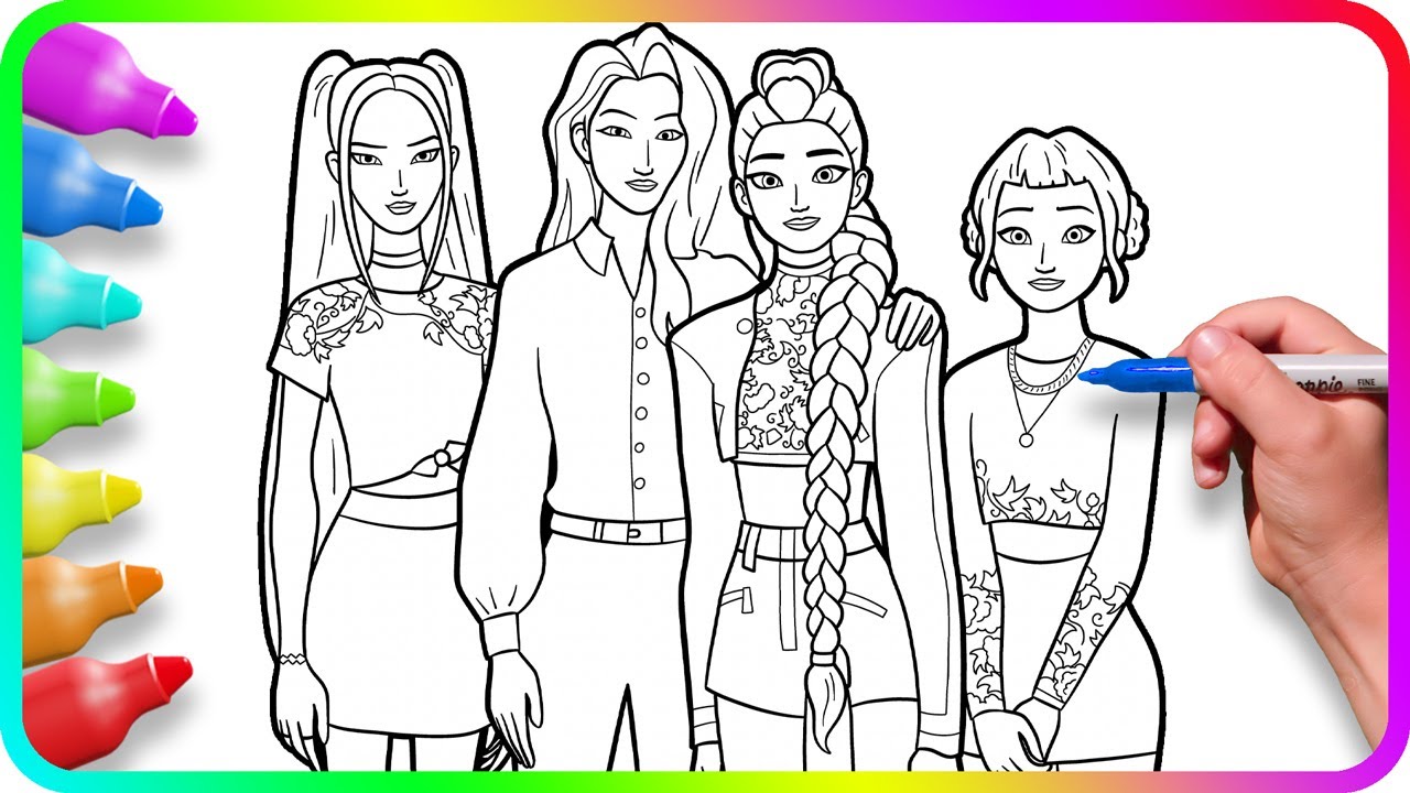 Satisfying Coloring - Zoey, Mira, Rumi, Celine characters / KPop Demon Hunters Coloring Pages