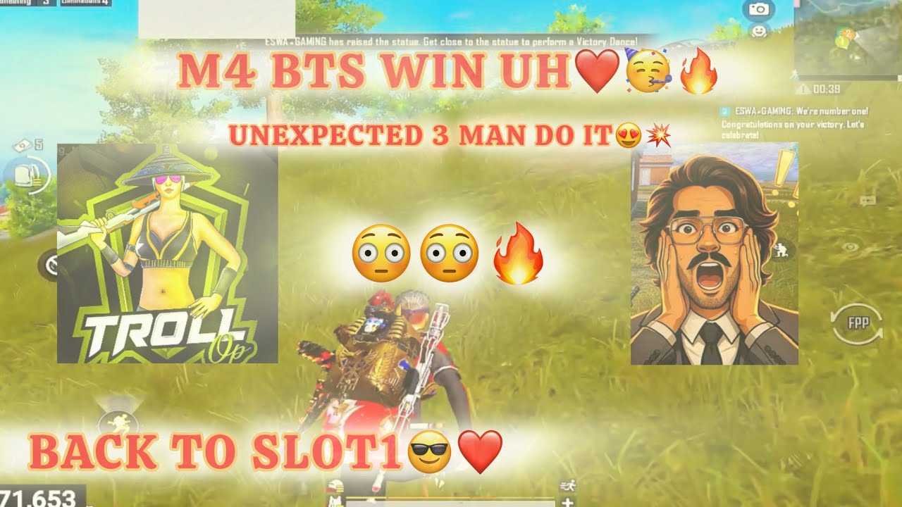 MATCH 4 BTS WIN UH MASS WIN😎🔥❤️BACK TO SLOT ONE💣😇🥳3 MAN CAN DO IT💥😂😳#bgmi #madan #btswar #gaming 