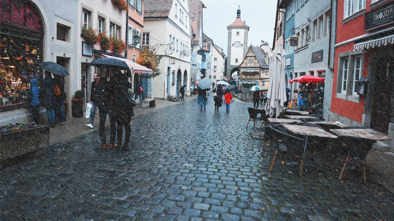 Walking in the Rain through a medieval Town | Rothenburg | Binaural Rain Sounds