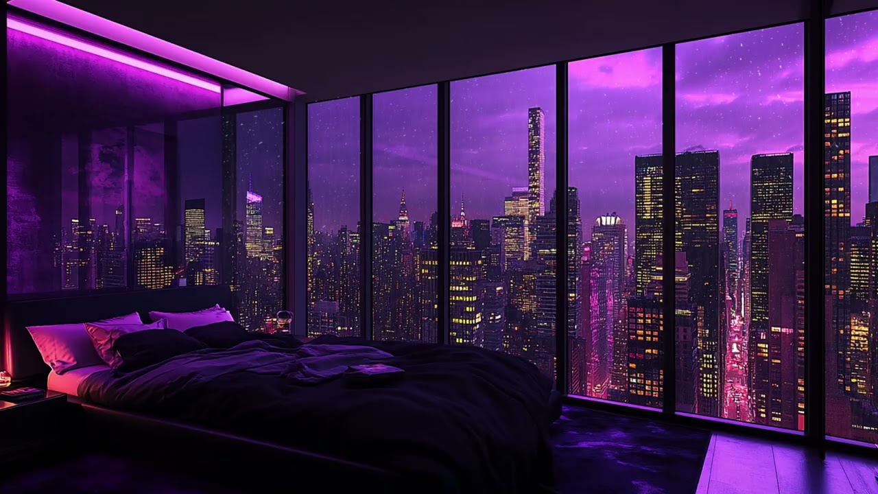 Gentle Rain Over the City Skyline | Floor to Ceiling Window Bedroom | Relaxing Night Ambience