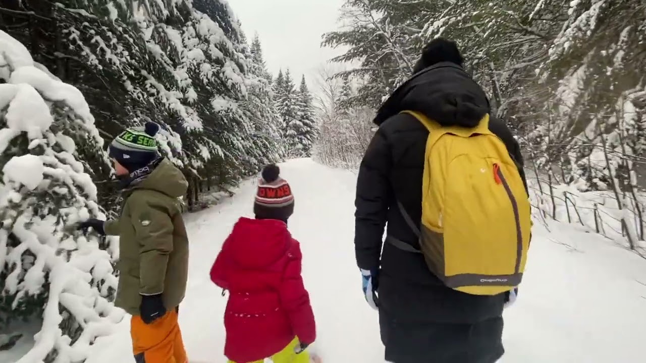 Canada Mont-Tremblant park Snow hiking in Diable Trail first walking in snowshoes