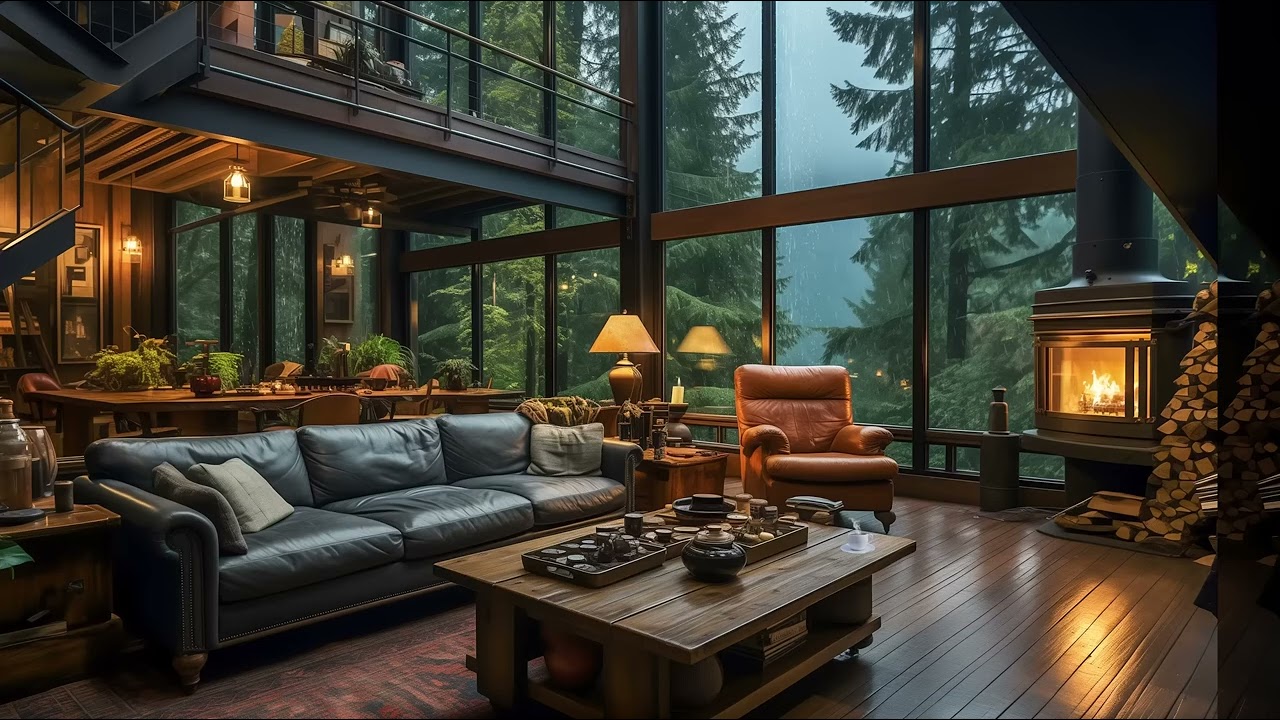 Rainy Day Serenity Cozy Luxury Forest Retreat with Gentle Jazz, Fireplace, and Soft Rain Sounds