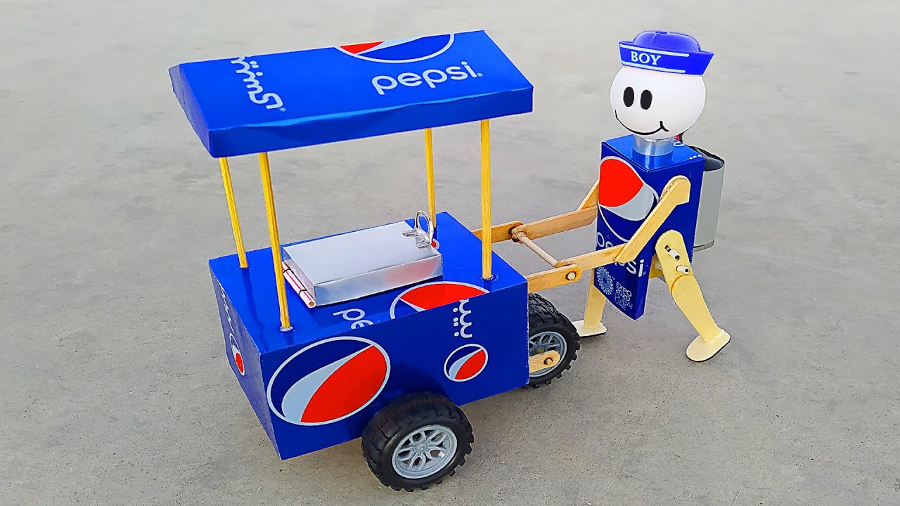 Faça um riquixá de sorvete com robô - carrinho de sorvete em latas de Pepsi - faça você mesmo