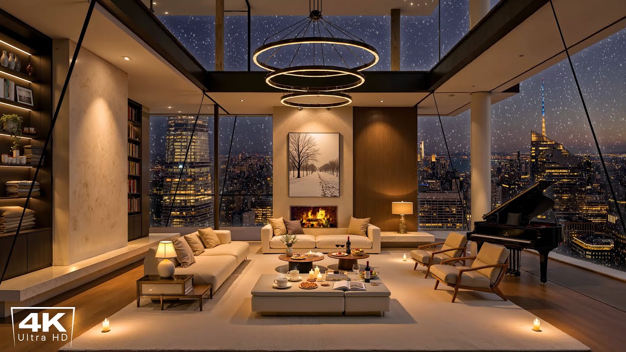 4K Cozy New York Apartment with Elegant Piano Jazz Music & Crackling Fireplace to Unwind, Sleep