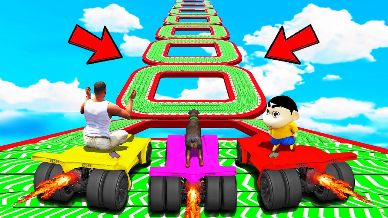 SHINCHAN AND FRANKLIN TRIED THE GIANT SPEED BOOSTER MULTIPLE CHAIN TRACKS PARKOUR CHALLENGE GTA 5