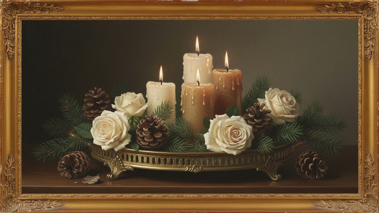 Roses & Candles | Vintage Gold Picture | 4K Framed Fall TV Art Screensaver – 1 Hour | 4K Ultra HD