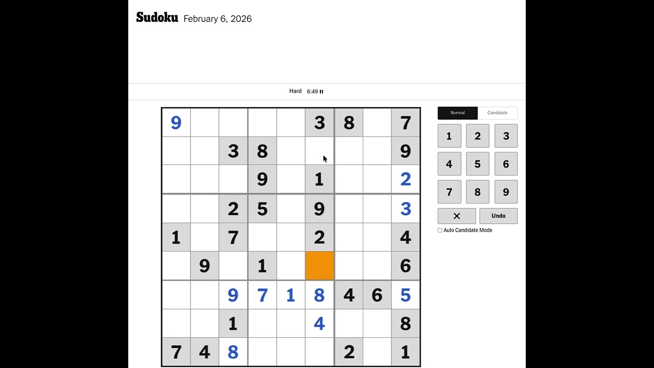 New York Times Sudoku Hard Solution for February 6, 2026: Solving without Markings