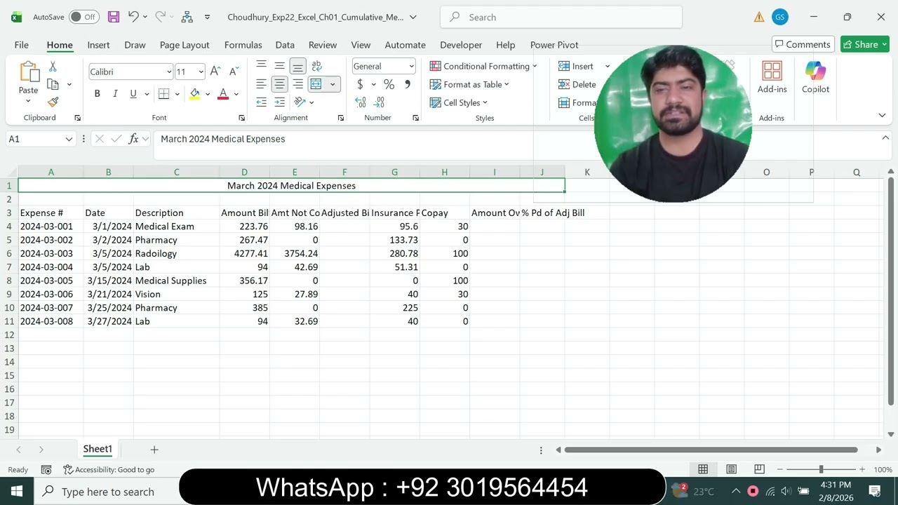 Exp22_Excel_Ch01_Cumulative_Medical | Excel Chapter 1 Cumulative - Medical Expenses | Medical