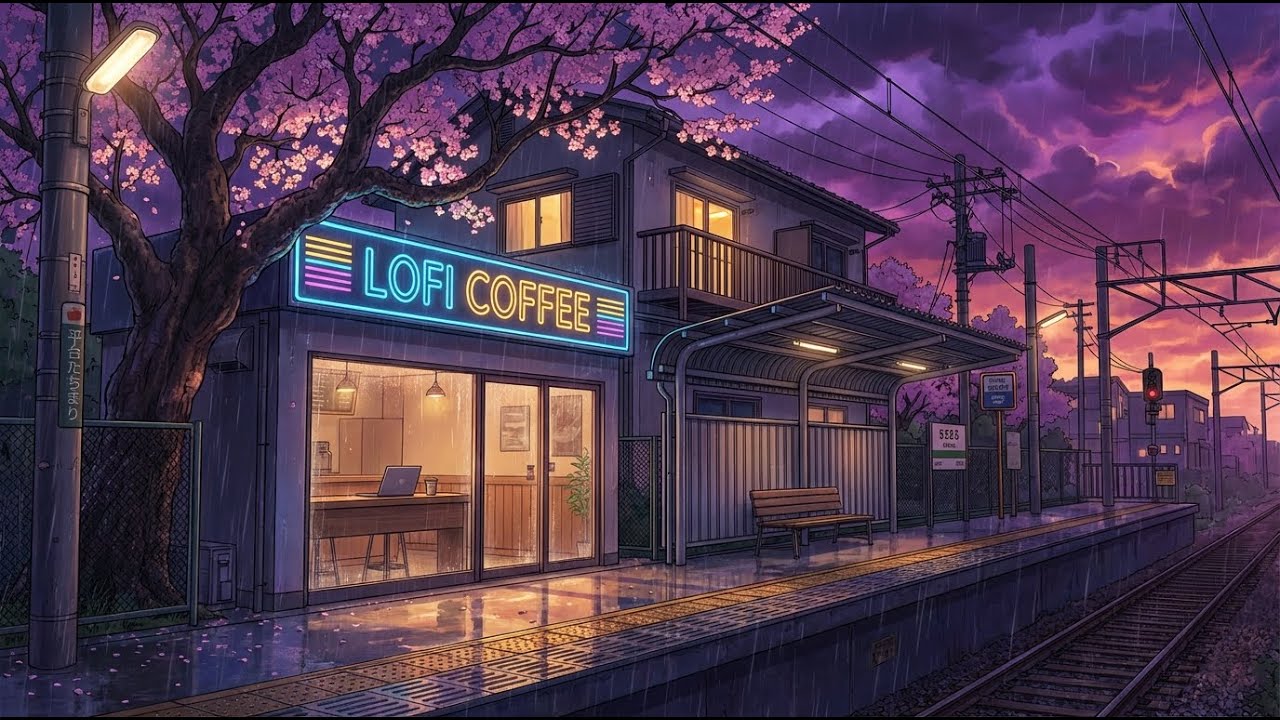 🌧️ Calm Evening Rain Lofi Study Music 📚 Neon Sakura Train Platform Coffee Break ☕