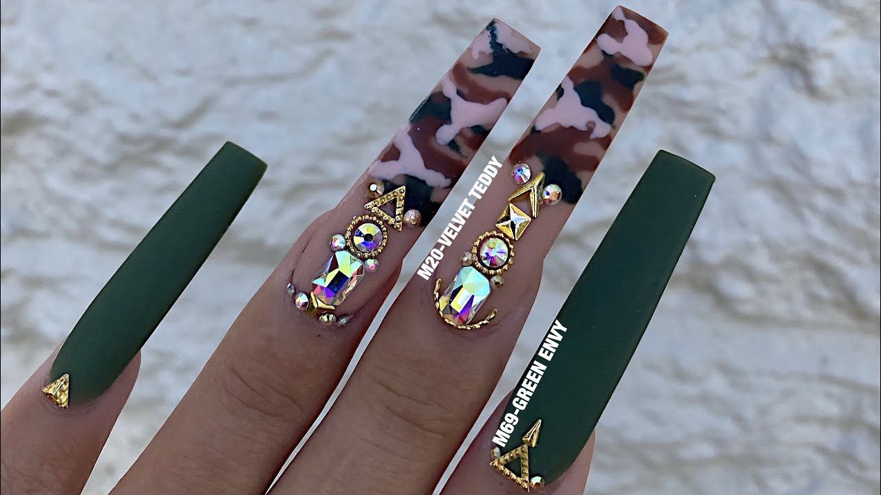 ST PATRICK NAILS I SPRING ACRYLIC DESIGNS I HAND PAINTED CAMOUFLAGE NAIL I COFFIN SHAPE ACRYLIC NAIL