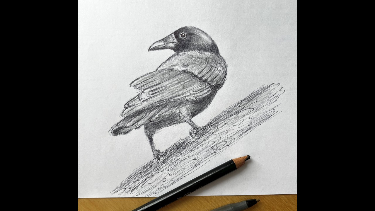 American Crow With Colour Shading. How to Draw American Crow with Pen and Coloured Pencil.