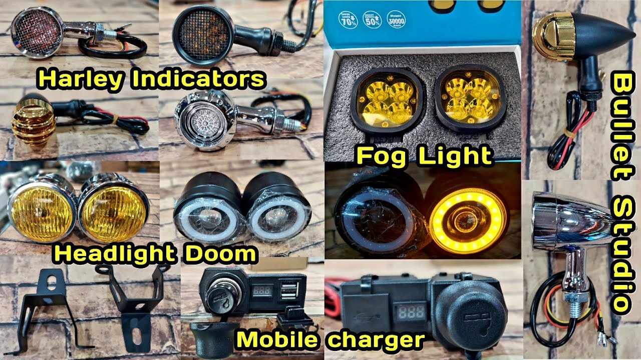 Harley type indicators, mobile charger with lighter, HJG Fogg light & clamps, headlight dooms & more