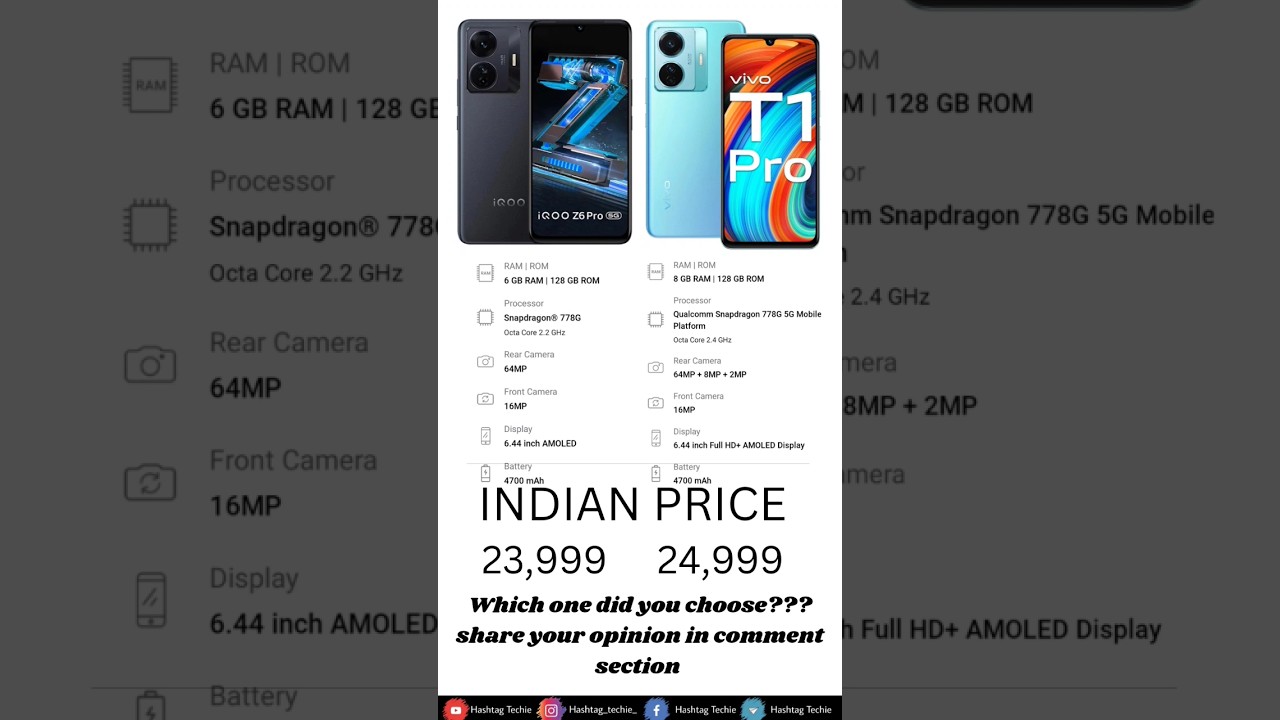 IQOO Z6 PRO 5G🤯V/S VIVO T1 PRO🥵 #hashtagtechie #iqooz6pro #vivot1pro #comparisonvideo #vivo #iqoo