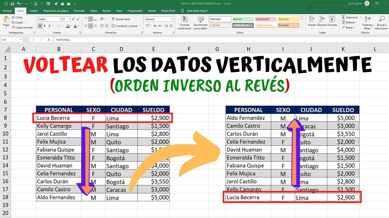 Como VOLTEAR LOS DATOS VERTICALMENTE (ORDEN INVERSO AL REVÉS) en EXCEL -Fácil y Rápido ❌SIN FÓRMULAS