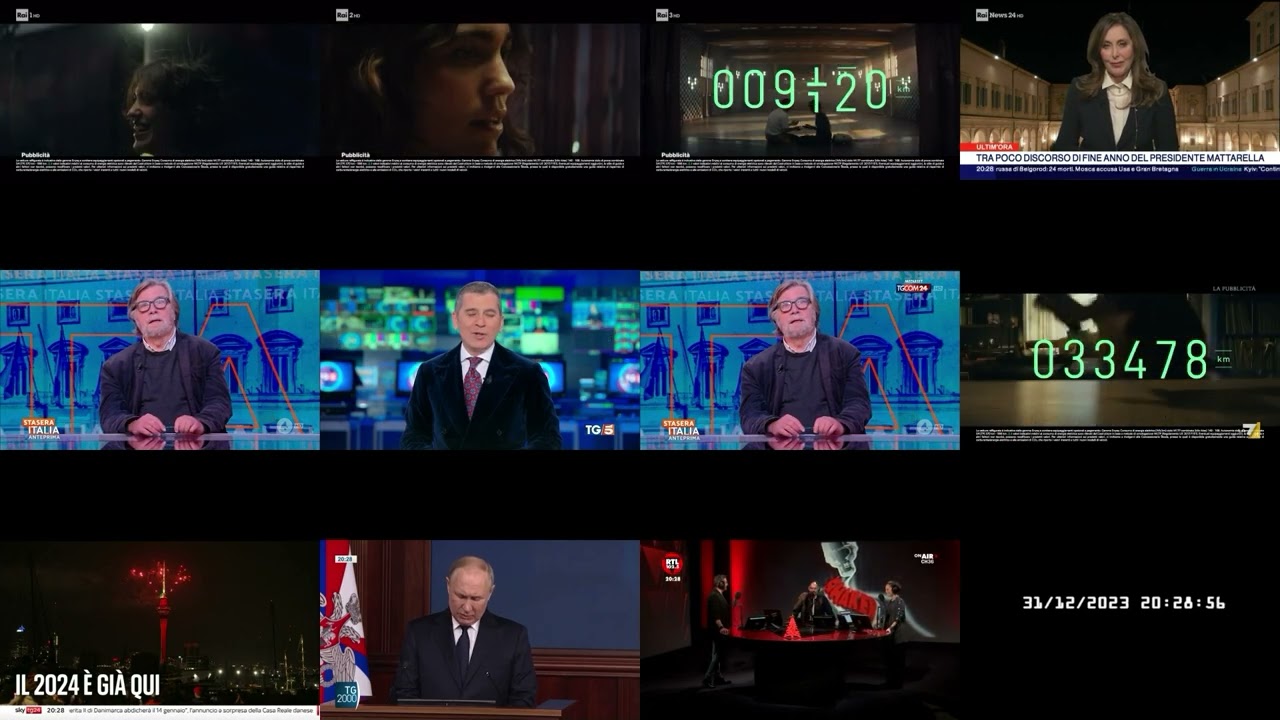 Sequenza multicanale prima e dopo discorso Mattarella - 31 Dicembre 2023