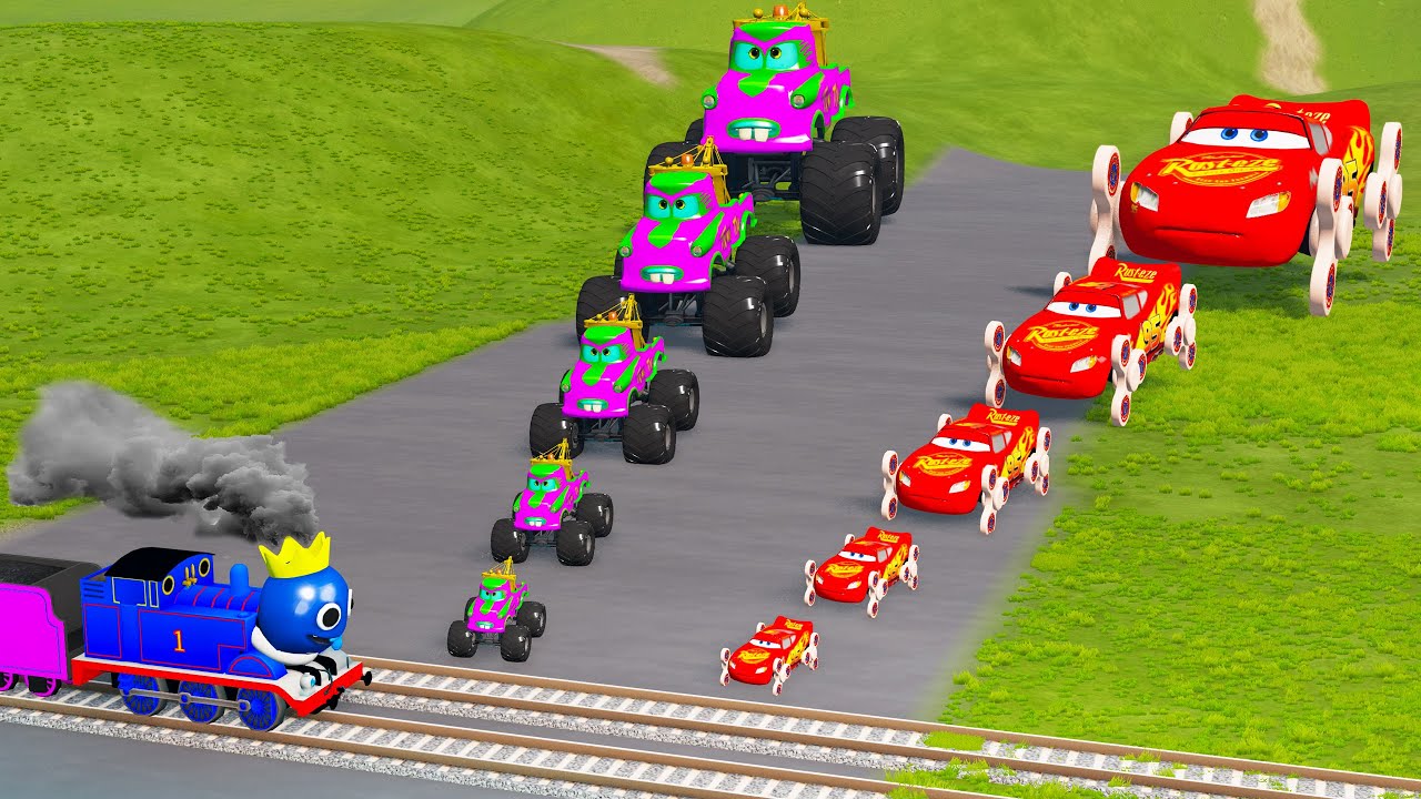 Big & Small: Mcqueen with Spinner Wheels vs Long Monster Truck Tow Mater vs Thomas Trains - BeamNG