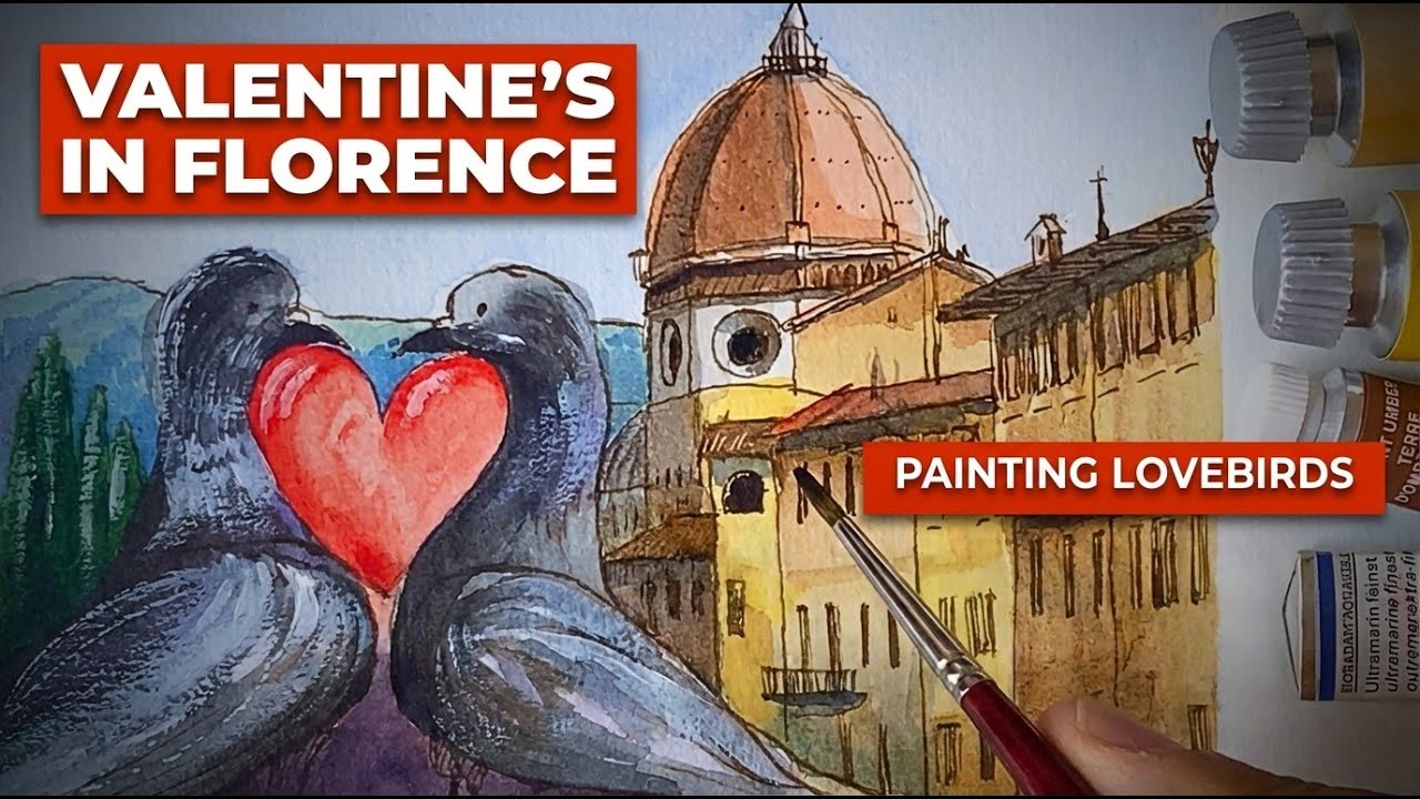 Paint romantic pigeons in watercolor with Italian architecture in Firenze.