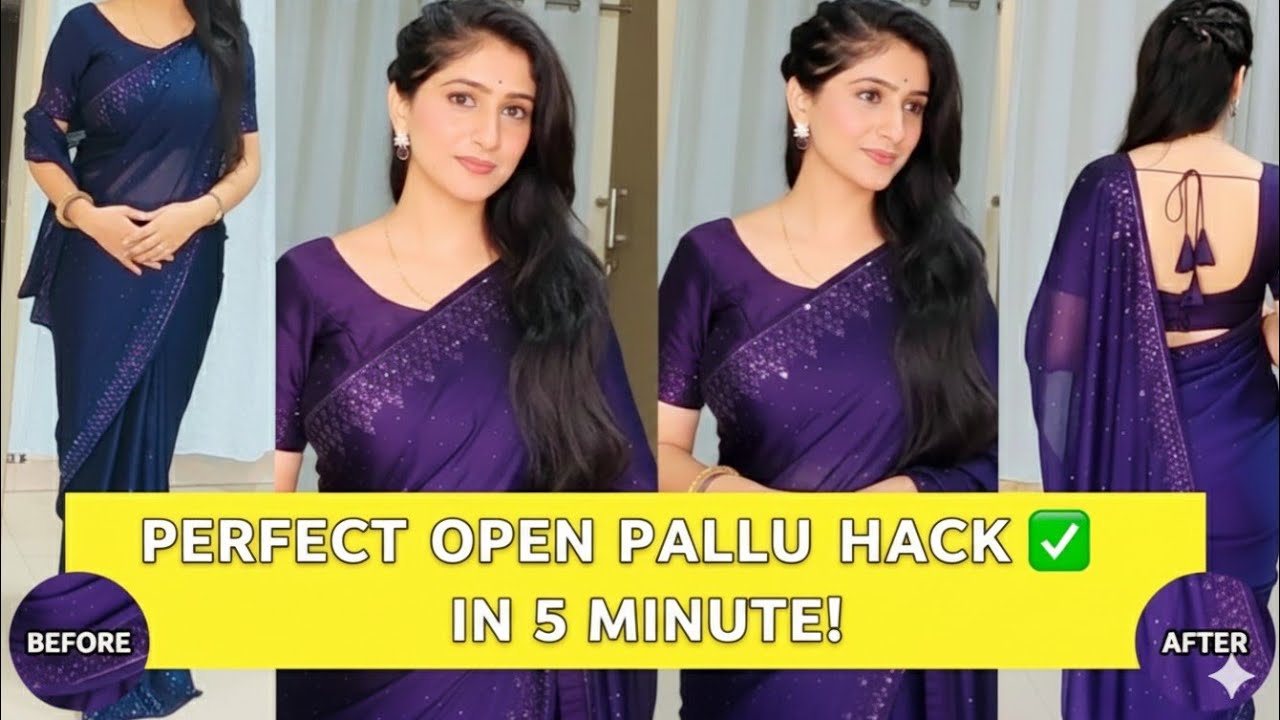 No slip" No Hassle ! Perfect open pallu saree Draping Trick ✨✅