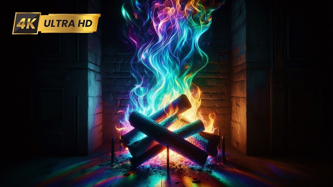 4K RAINBOW Fireplace Flames Ambience (12 HOURS NO MUSIC). Fireplace with Logs Crackling Fire Sounds!