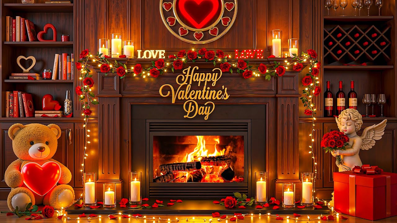 Romantic Valentine&rsquo;s Fireplace Ambience 24/7 💘 Gentle Love Music & Warm Fire 💝