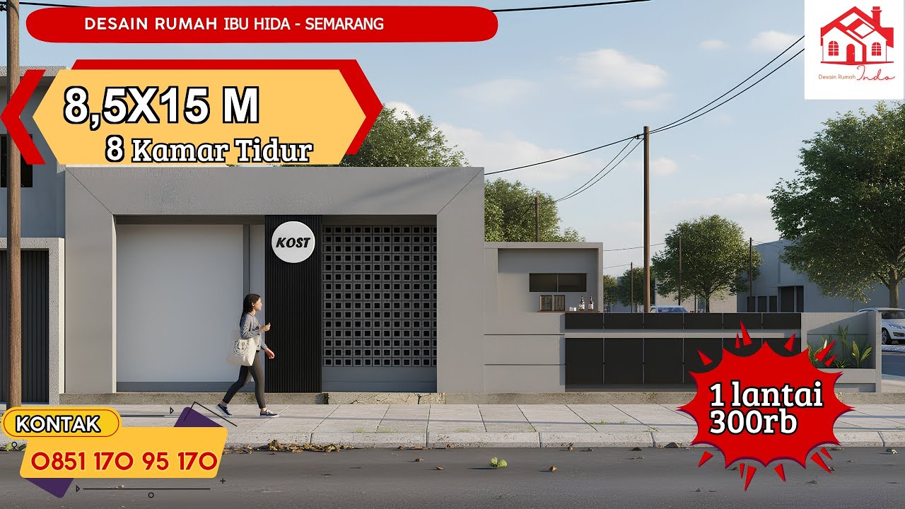 DESAIN KOS INDO MODEL MINIMALIS UKURAN 8,5 X 15M 1 LANTAI (Ibu Hida Semarang)
