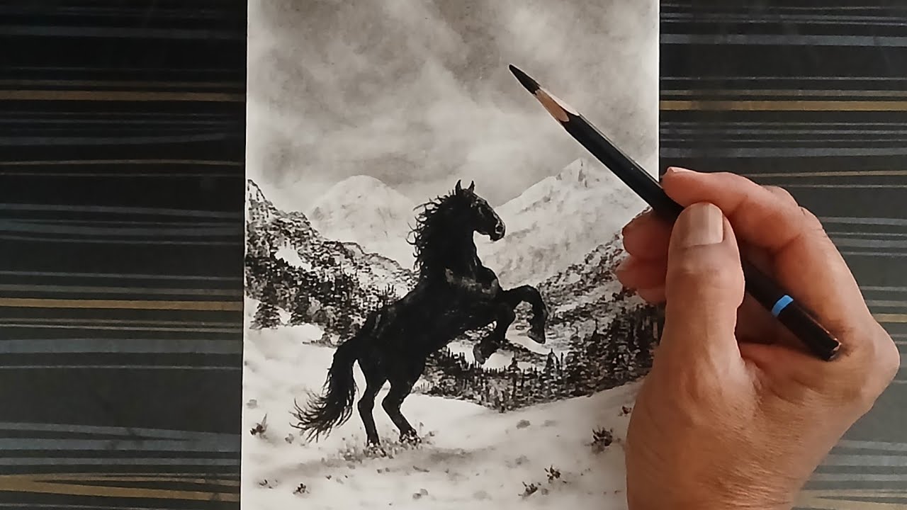 Horse drawing by charcoal pencil with easy ways. 