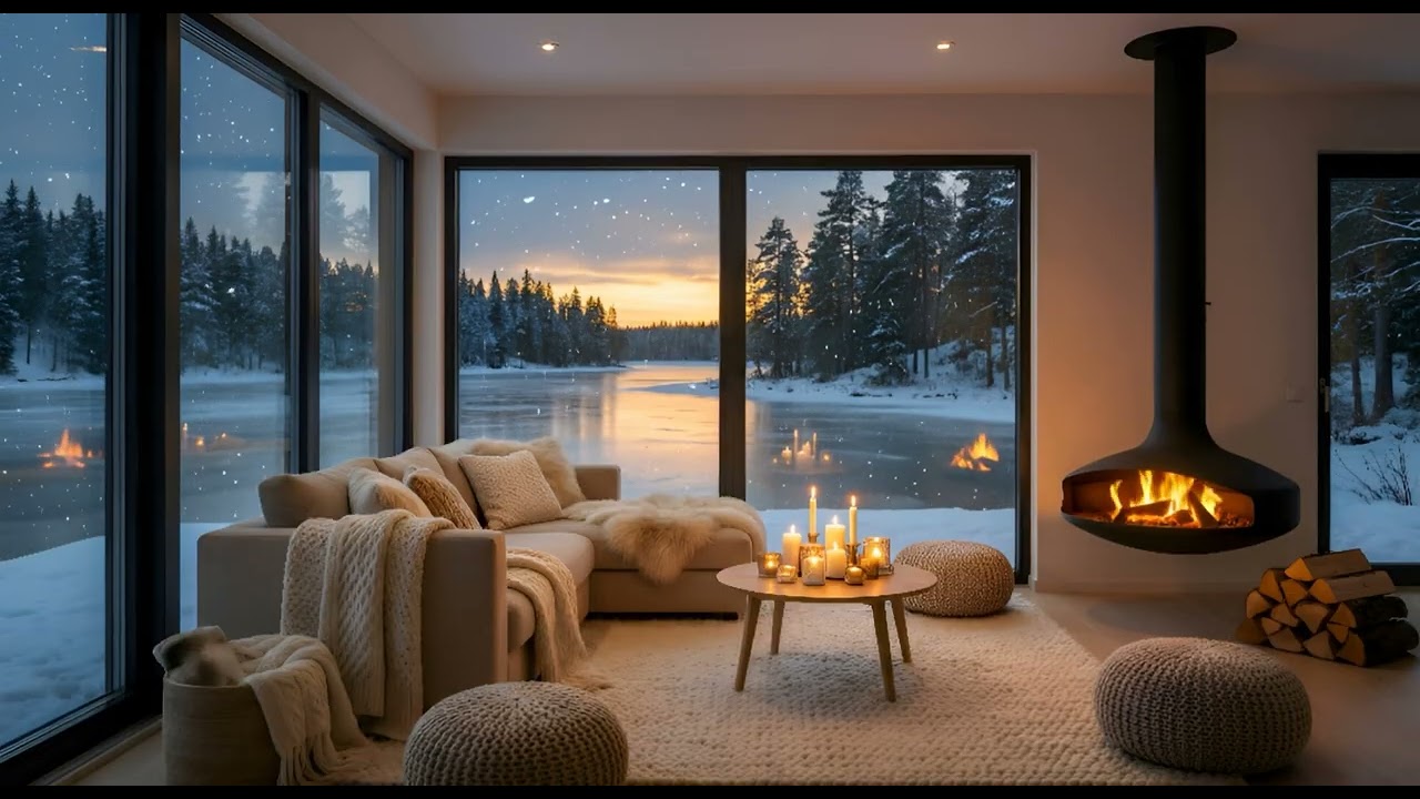 4K Winter Fireplace Ambience | Cozy Balcony by the Lake ❄️ Snowfall, Warm Lights & Calm Evening