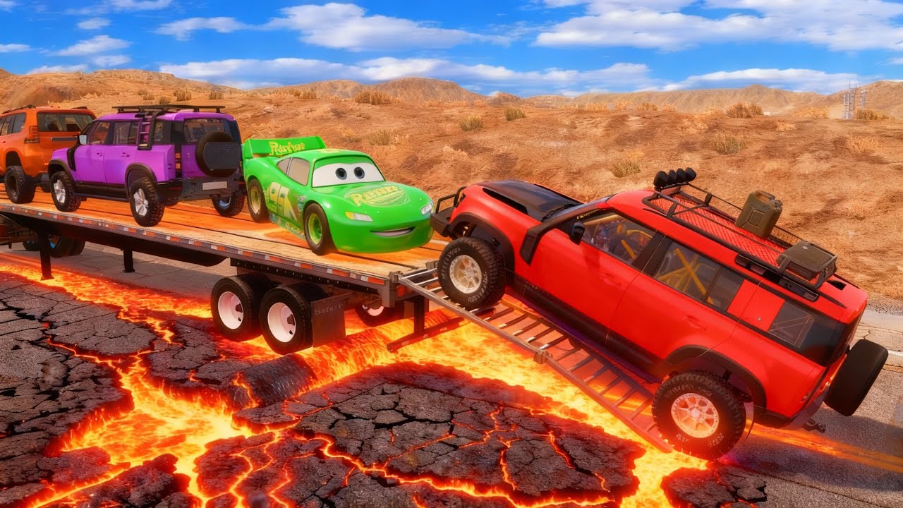 McQueen Flatbed Truck Transport – Dangerous Lava Cracks Disaster  BeamNG Drive