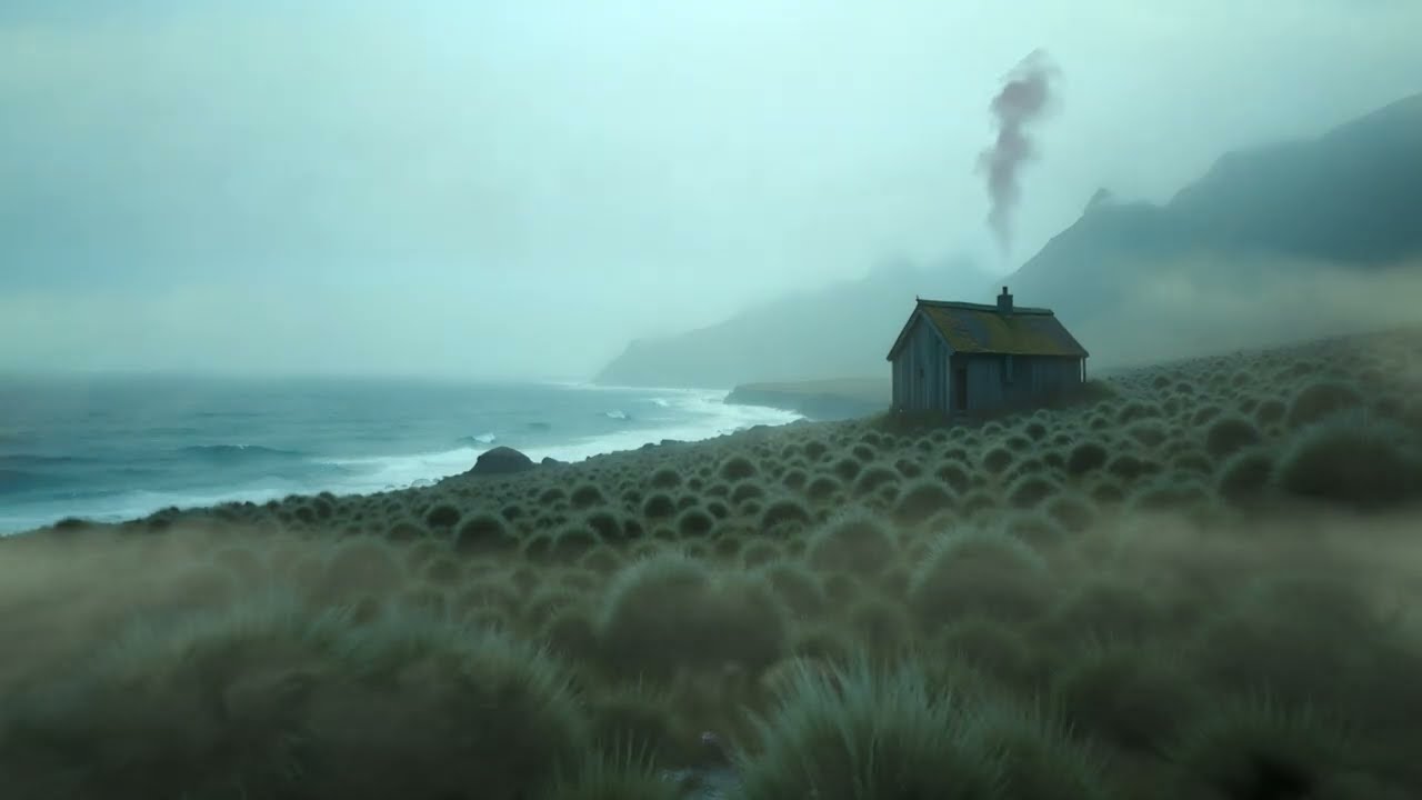 Isolated Cabin on a Misty Coastline with Green Grass and Ocean Waves | Cinematic Ambience, Calm