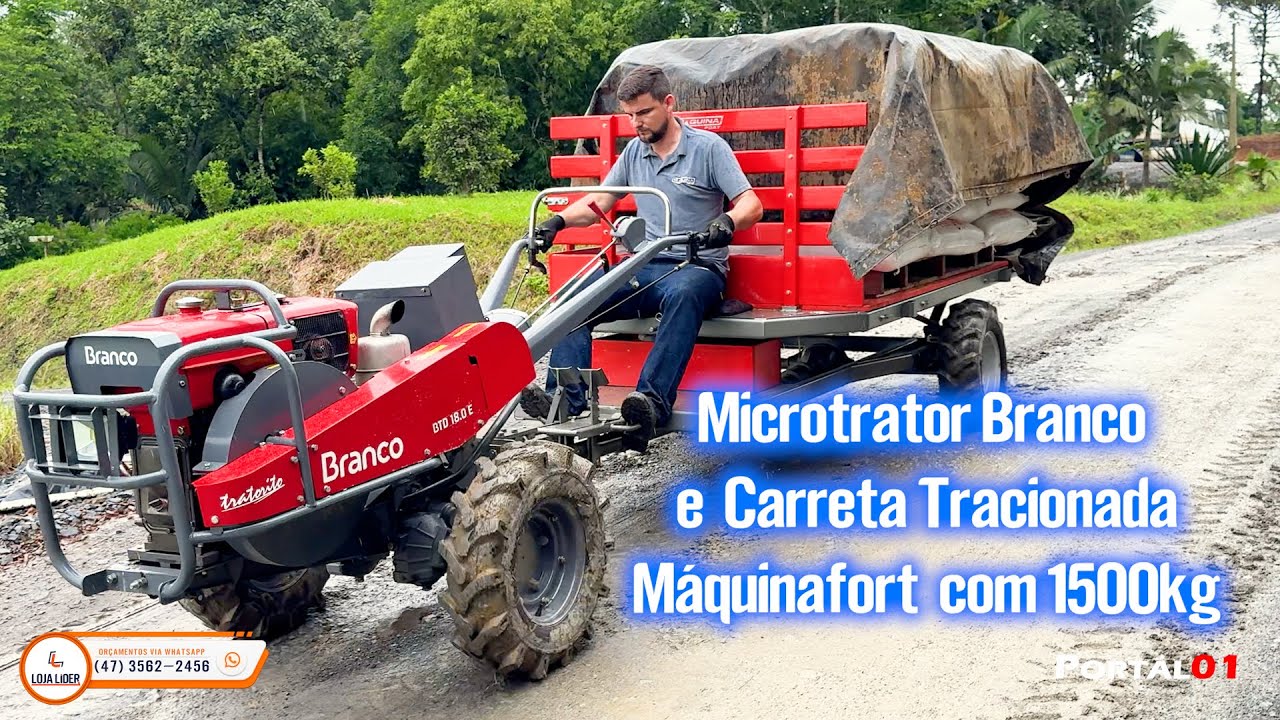 Microtrator Branco 18HP e Carreta Tracionada M&aacute;quinaFort com 1500kg