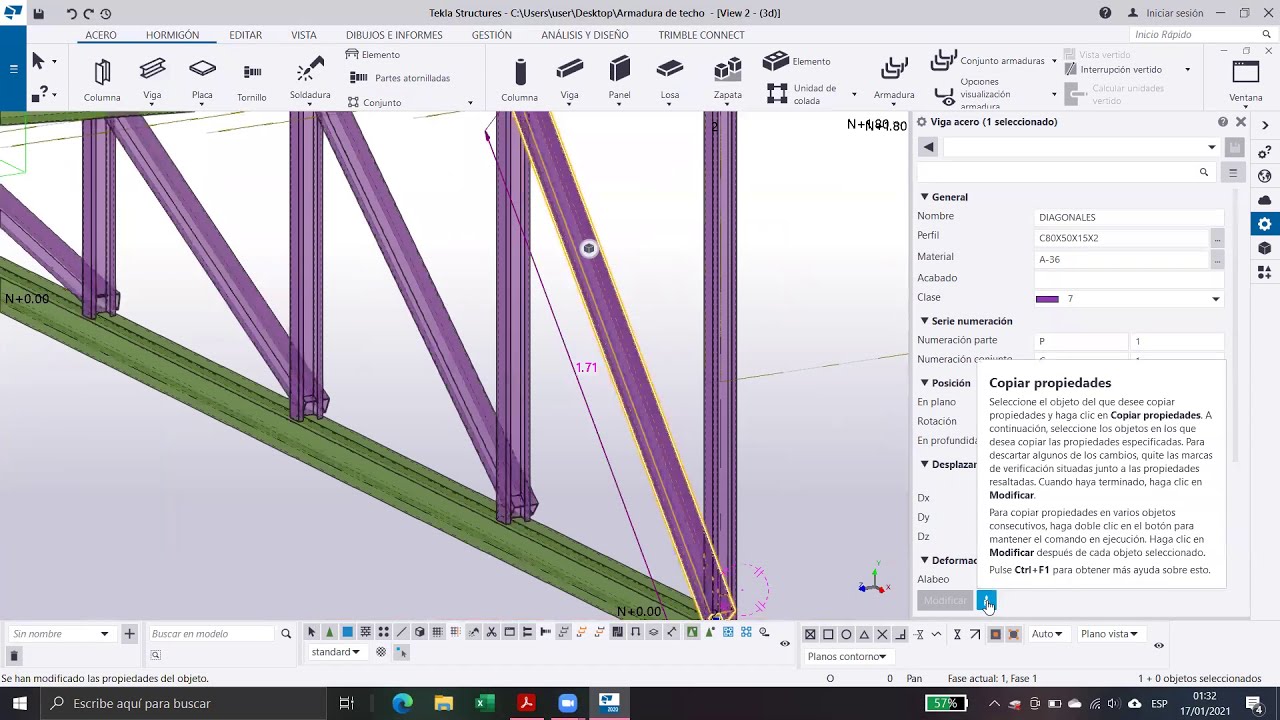 Modelado de armadura de acero para techo -  Tekla structure 2020