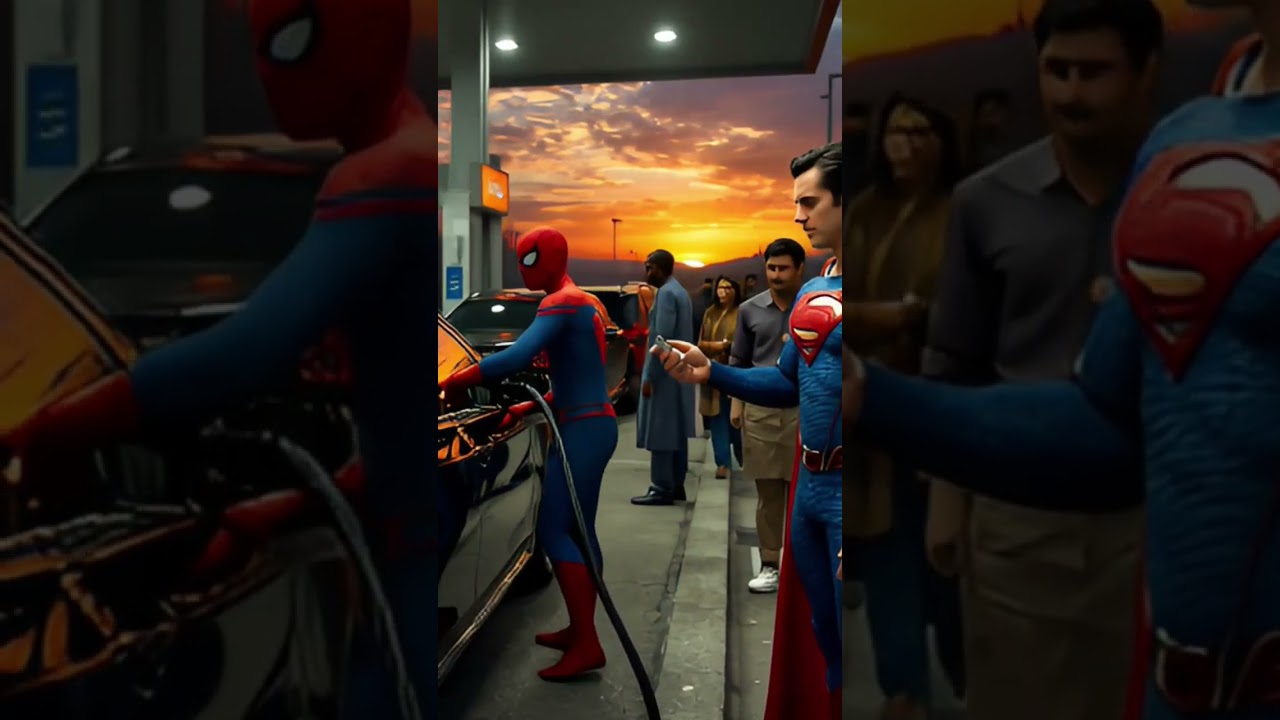 Superman with spiderman on petrol pump 💪💪💪💪#shorts #viral #shortsviral #trending