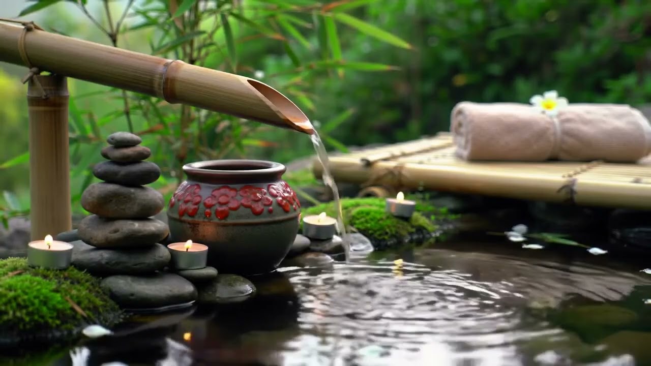 Zen River Stones Ambience Bamboo Water Flow and Candle Glow with Gentle Ripples for Relaxation & Med