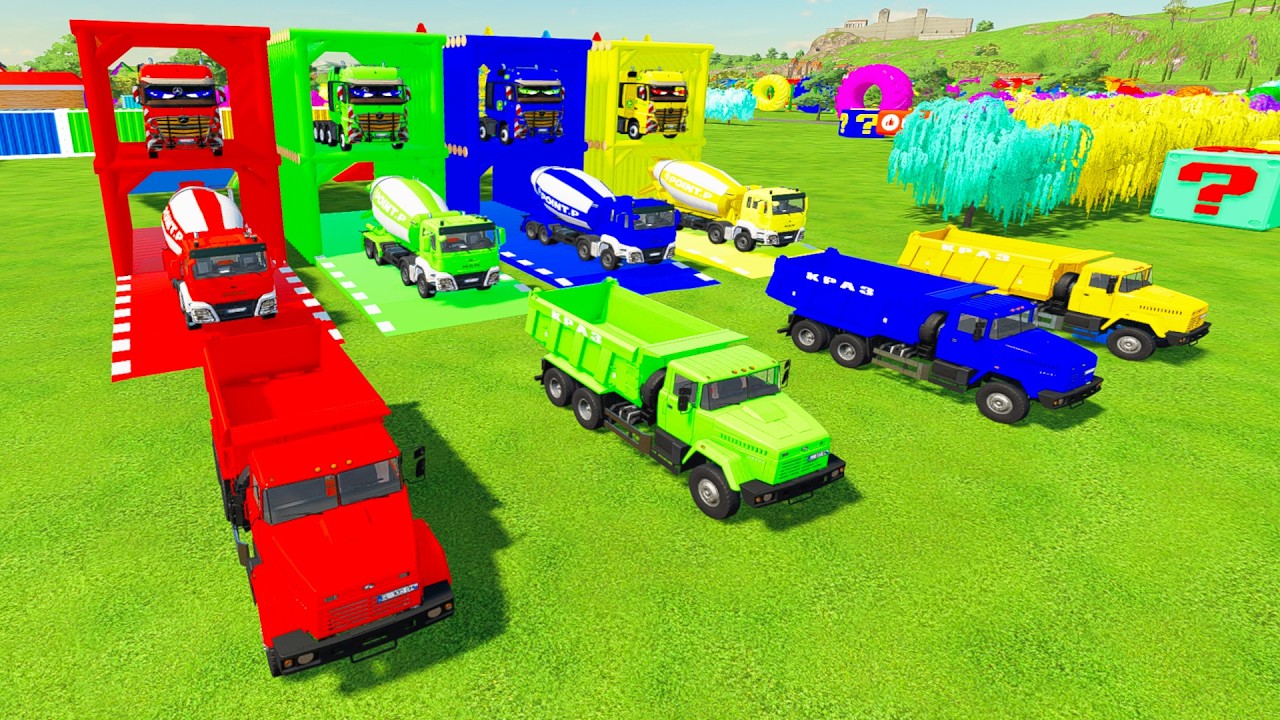 Garage With Color - COLORFUL MAN MIXER CEMENT TRUCK, KRAZ DUMP TRUCK TRANSPORTING TO COLORFUL GARAGE