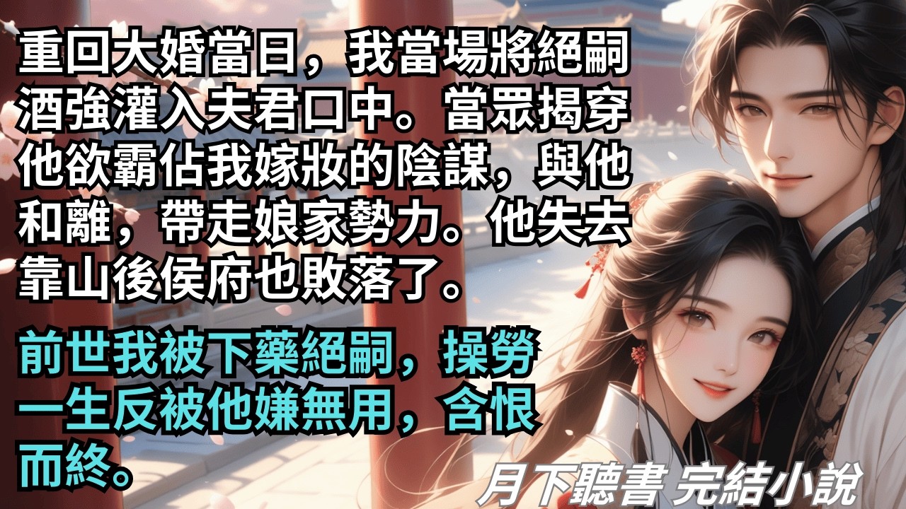 【完結小說】重回大婚當日，我當場將絕嗣酒強灌入夫君口中。當眾揭穿他欲霸佔我嫁妝的陰謀，與他和離，帶走娘家勢力。他失去靠山後侯府也敗落了。#一口氣看完 #完整版 #古言小說 #小說 #爽文 #完結