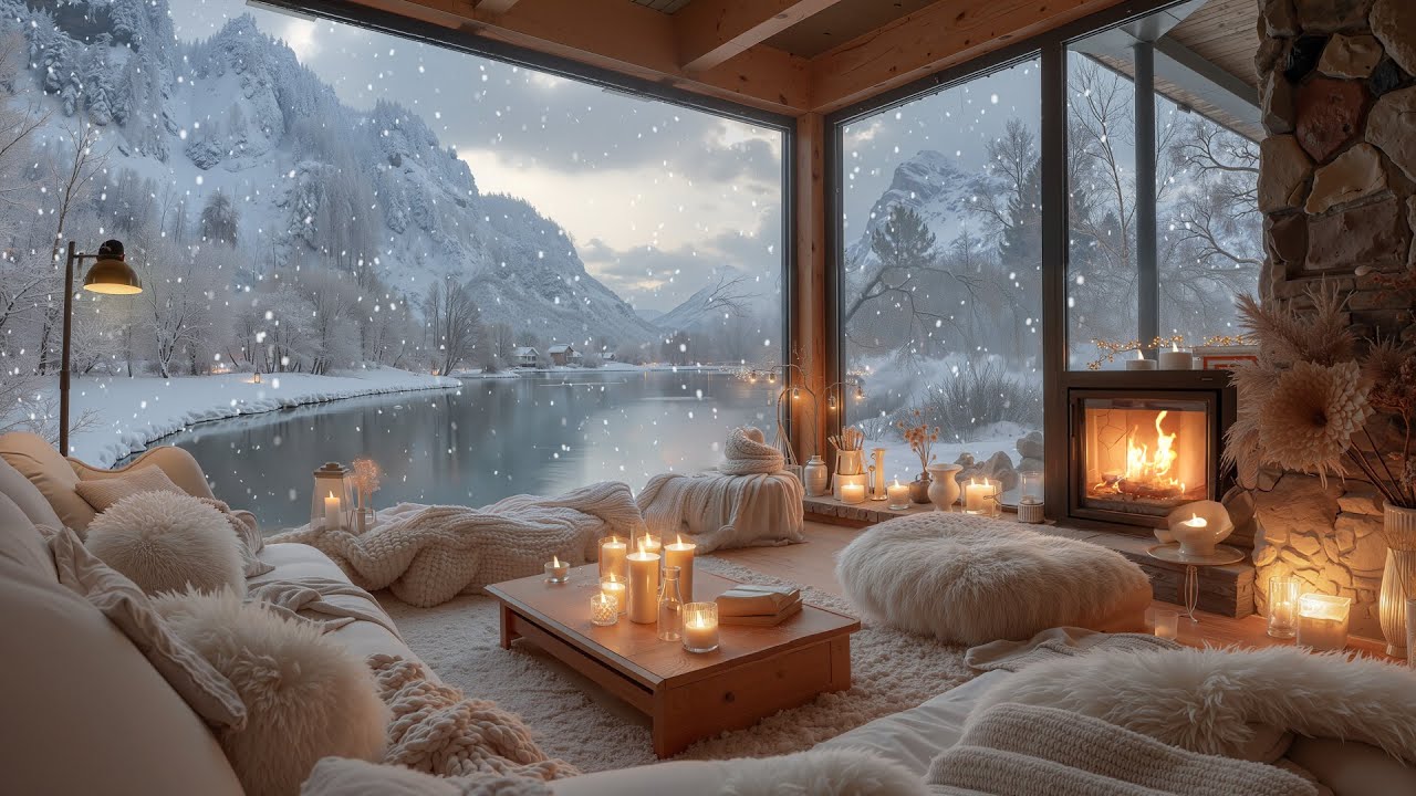 Warm Fireplace by the Winter Lake ❄️ Soothing Piano & Crackling Fireplace Sounds for Peaceful Sleep