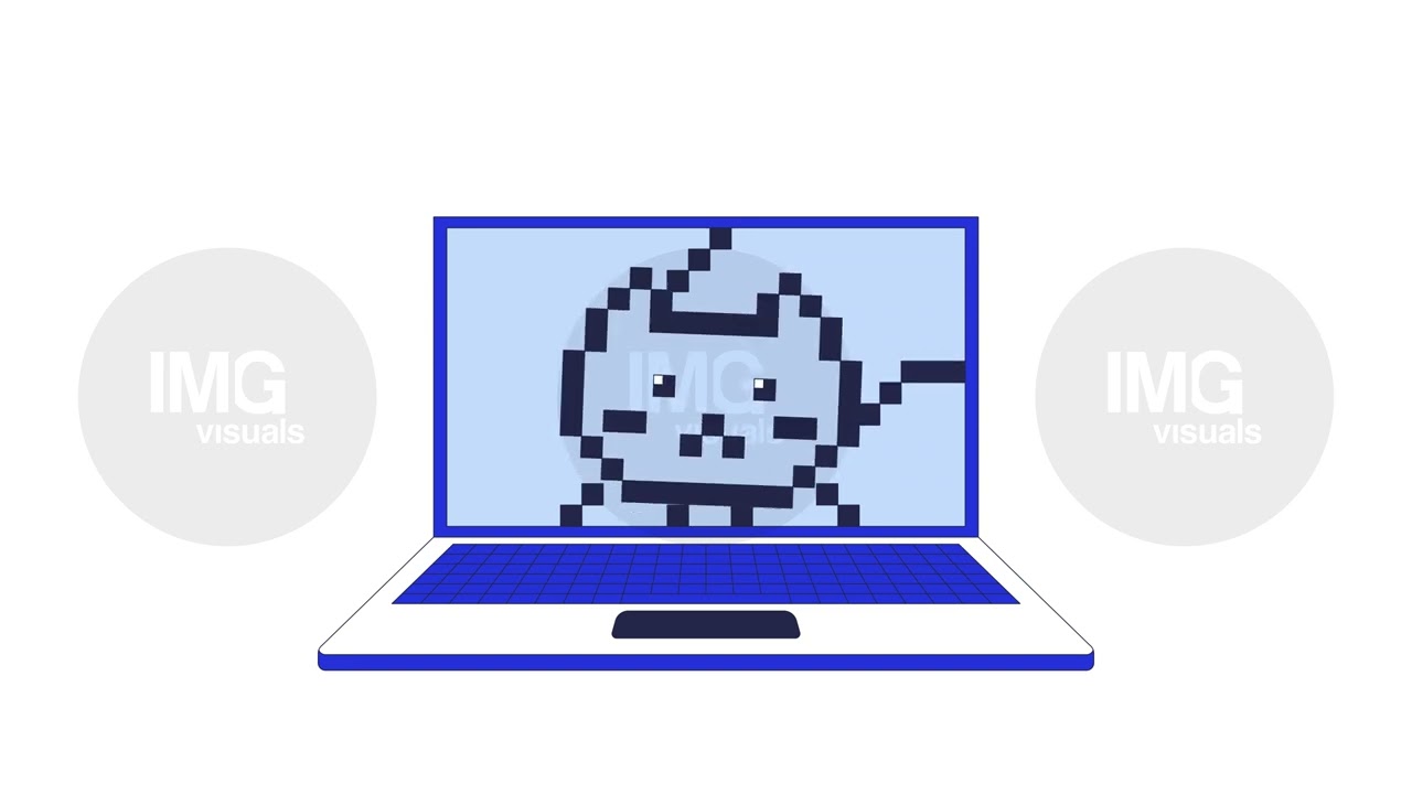 Pixel art cat displayed on laptop screen 2D cartoon object animation