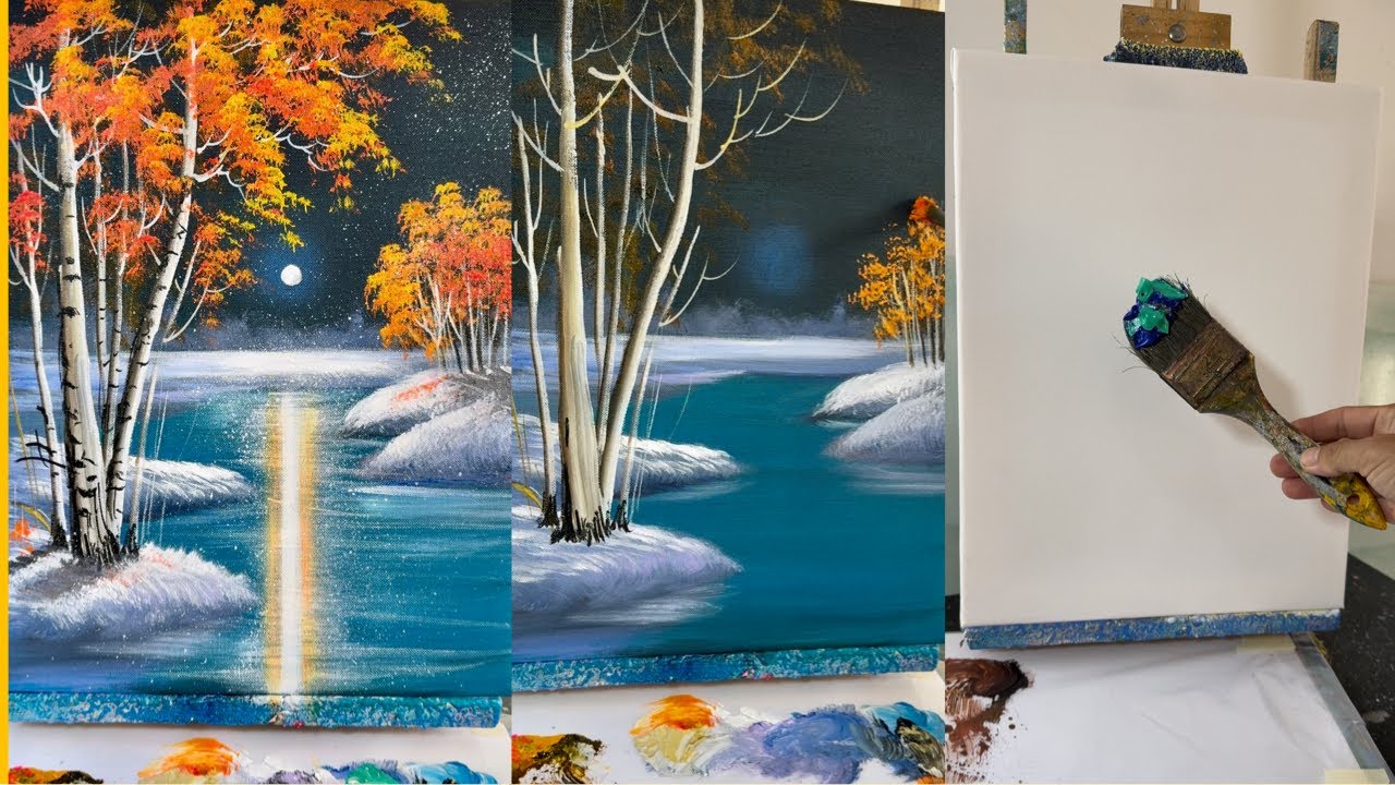 Step by Step Painting Autumn Birch Tree Under Moonlight | Winter Night Snowfall | Acrylic Art