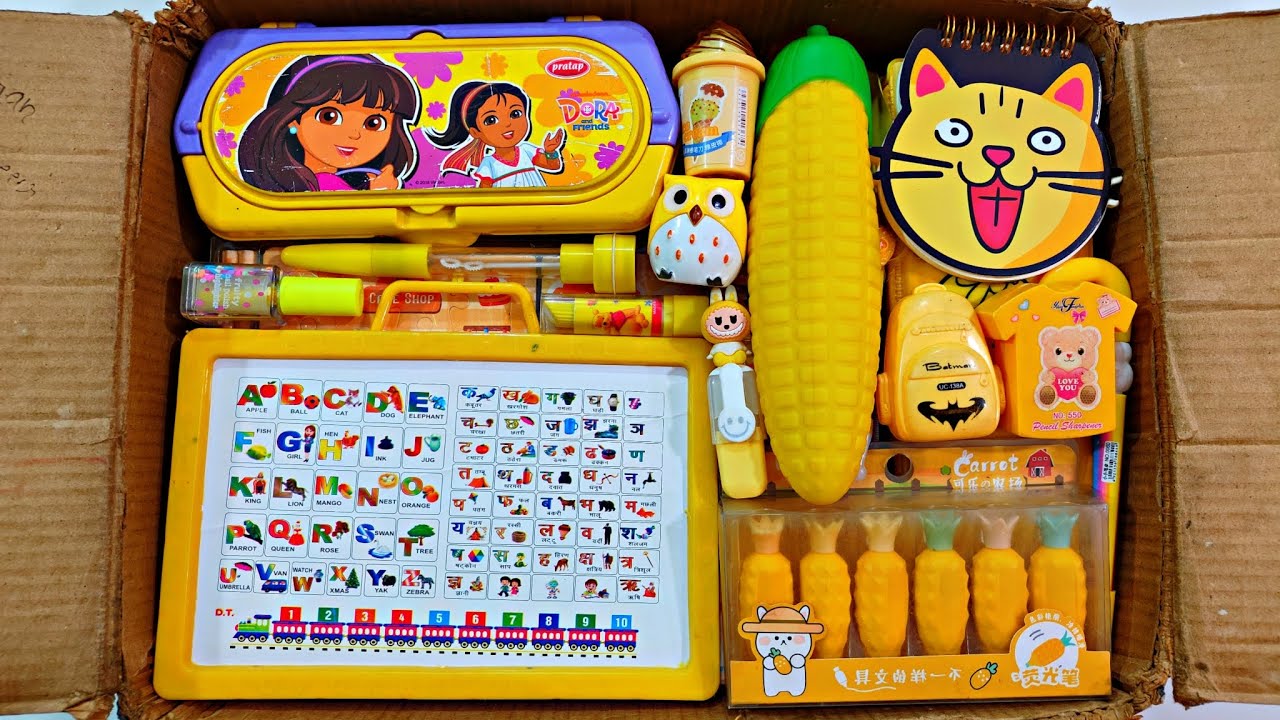 Unboxing Modern Yellow Stationery 📚, Pencil Box, Diary, Pouch, Water bottle, Writing board, Geometry
