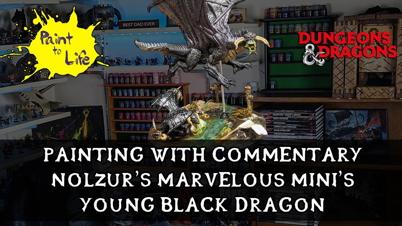 How to paint a Nolzur's Marvelous Miniatures Young Black Dragon D&D – with step by step commentary.