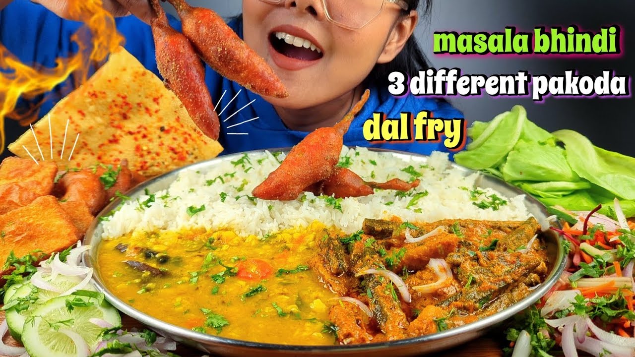 COOKING & EATING CHILLI PAKODA, PANEER PAKODA, BAINGAN PAKORA, BHINDI MASALA, DAL FRY | INDIAN FOOD