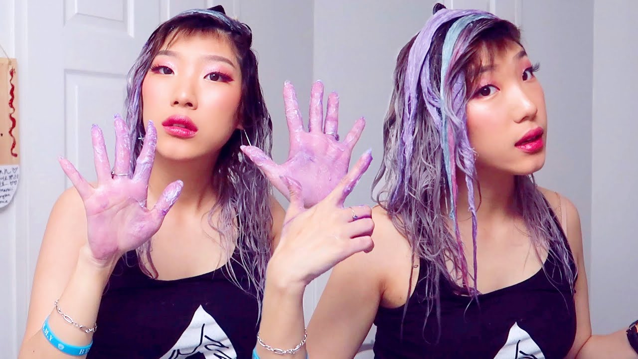 dyeing my hair lavender unicorn purple (ft pink & blue cotton candy)