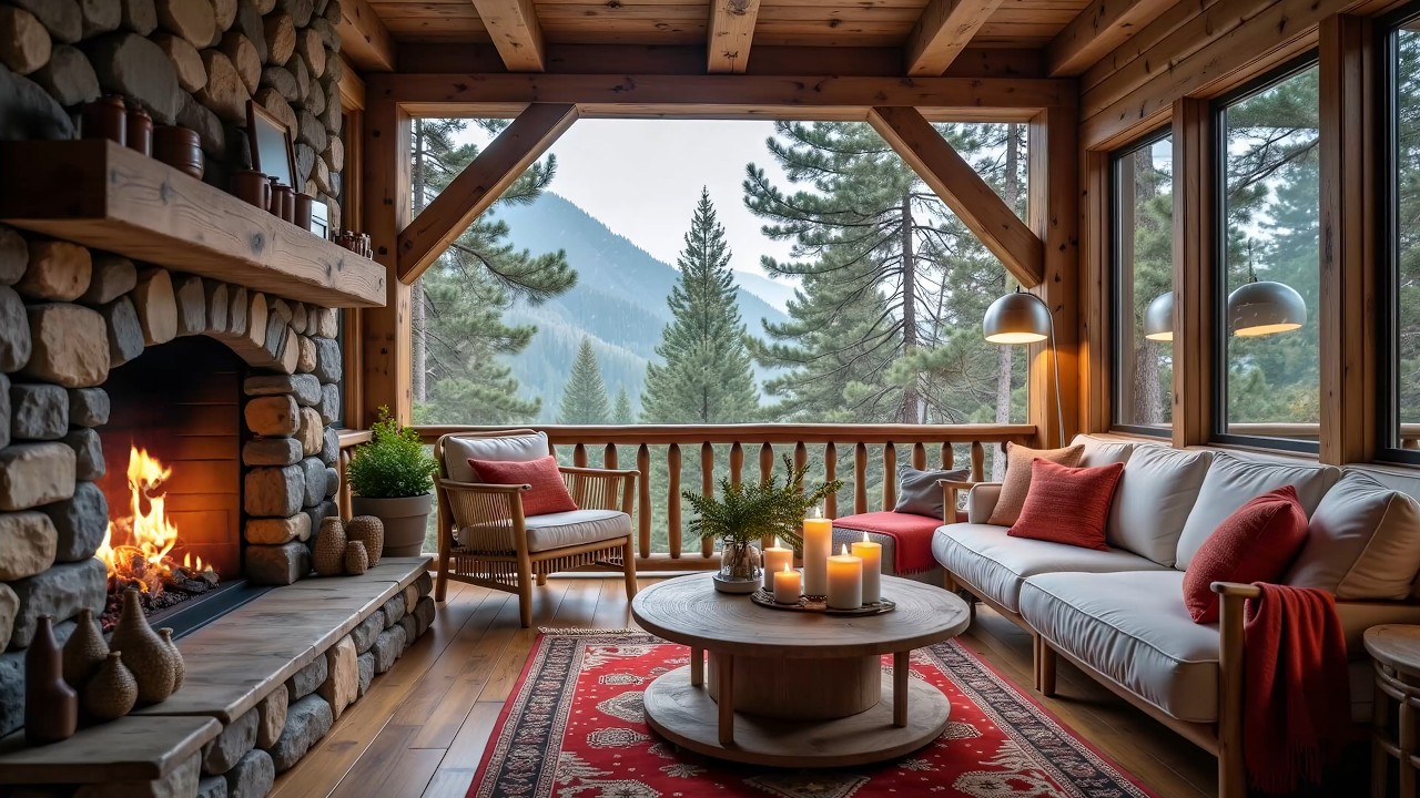 Cozy Cabin Ambience with Crackling Fire and Snowy Forest Views ❄️ Winter Relaxation Sounds
