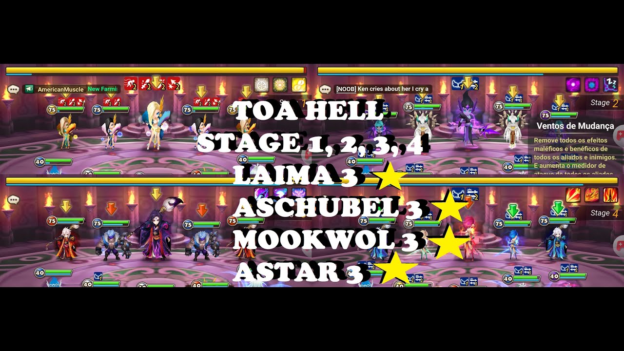 Summoners War TOA HELL - Stage 1,2,3,4 Laima, Aschubel, Mookwol, Astar 3 Stars