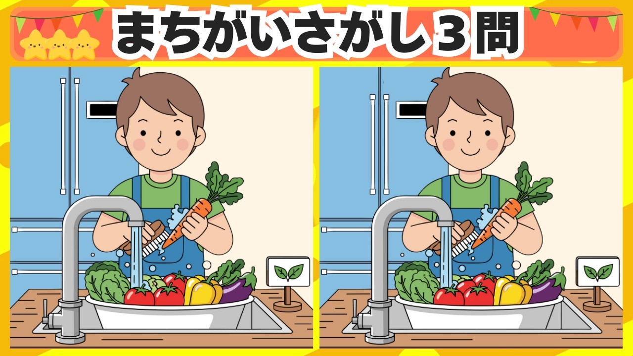 [間違い探し] 今回は野菜を洗うシーンからスタート！3問 No.213 [毎日脳トレクイズ]